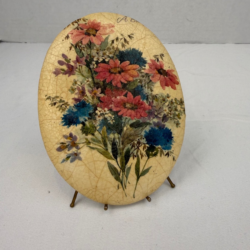 Vintage Floral Decoupage Oval Plaque Crackle Glaze Wildflowers with Brass‎ Stand